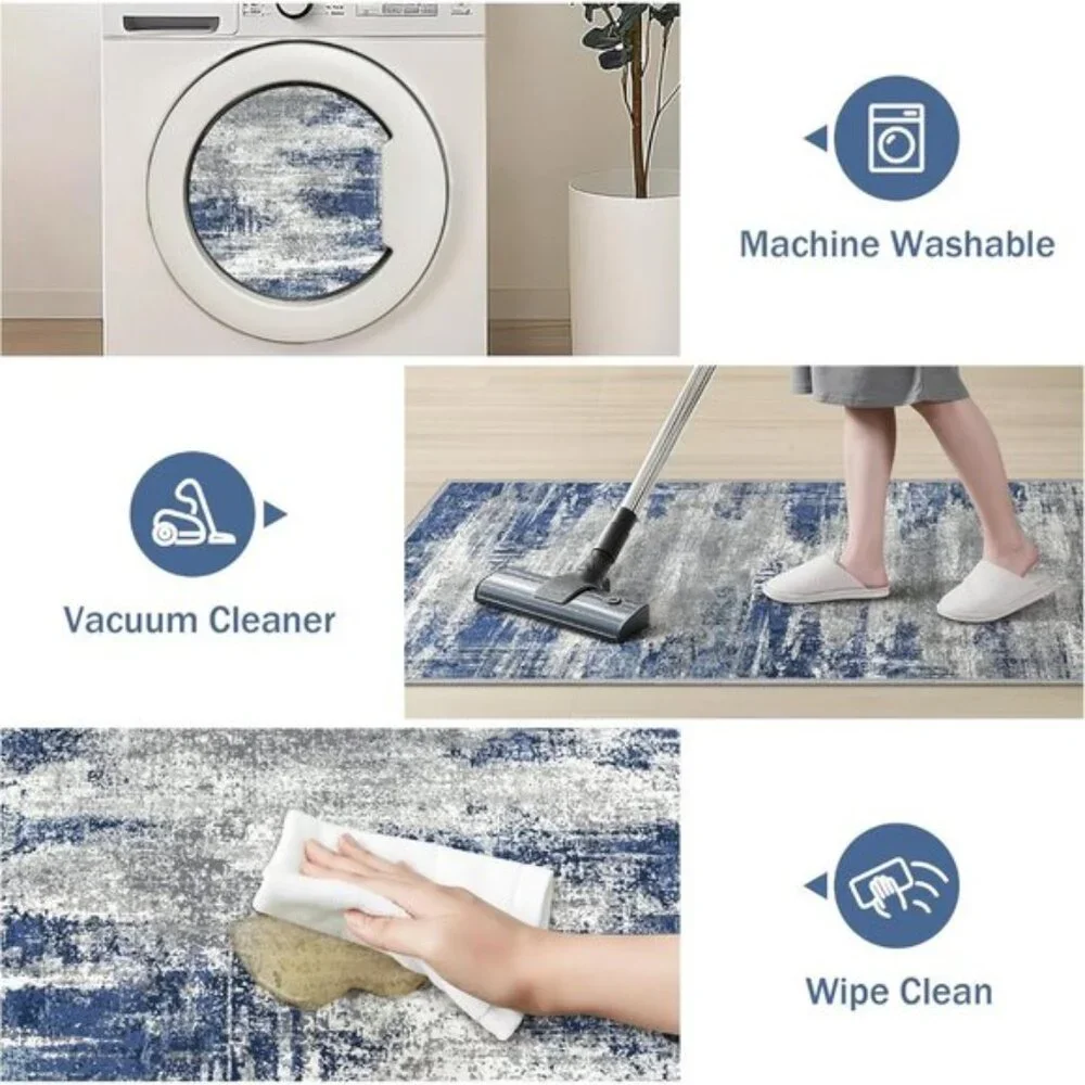 New 3-Piece Blue & Ivory Kitchen Rug Set, Non-Slip, Washable, Waterproof Mats